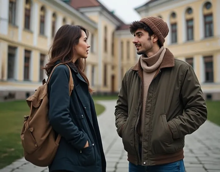 Dos estudiantes conversando frente a un edificio universitario