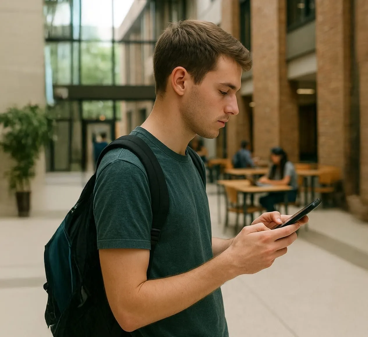 Estudiante con mochila revisando su celular en el campus