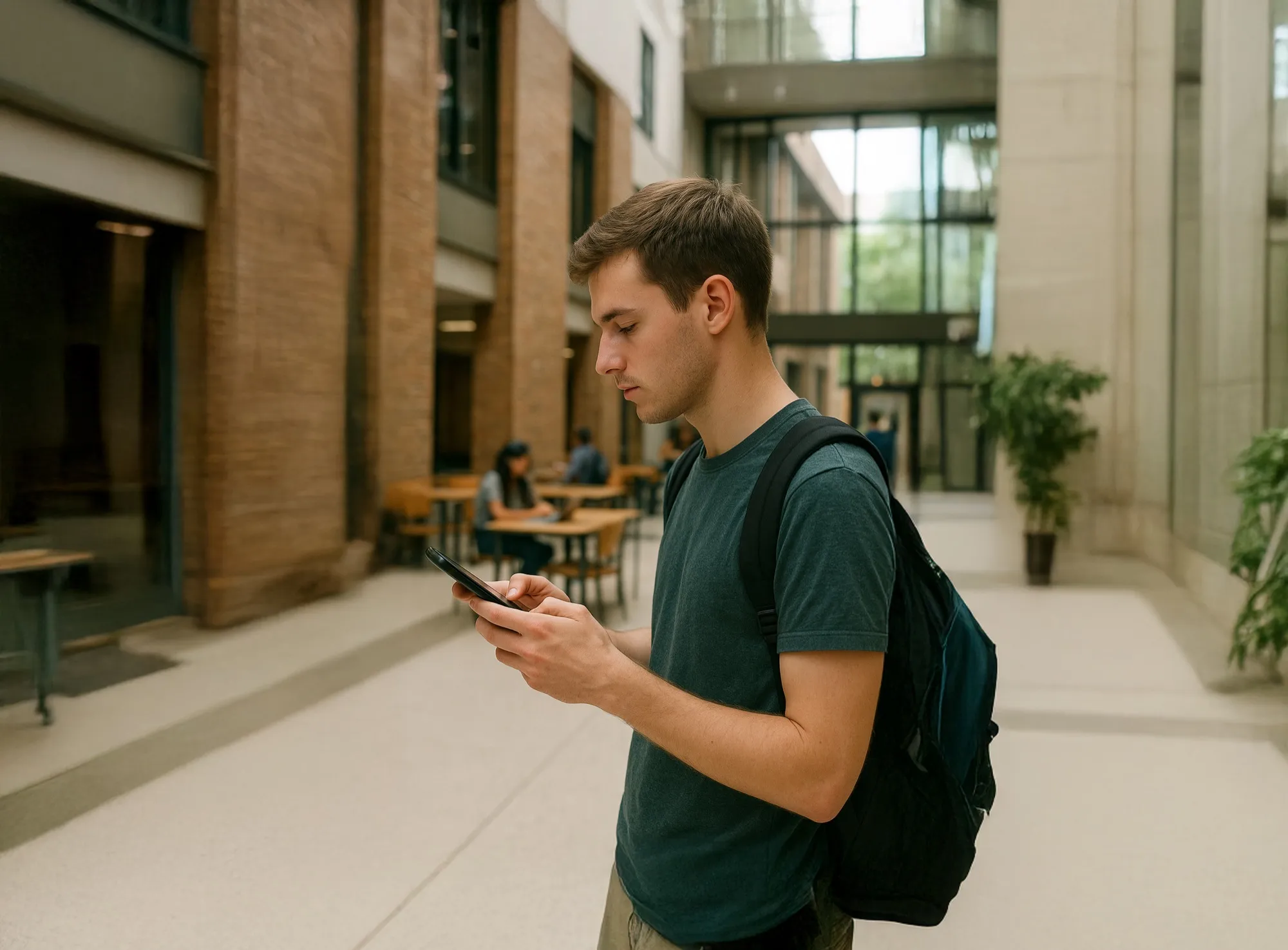 Estudiante revisando su celular en el pasillo de la universidad