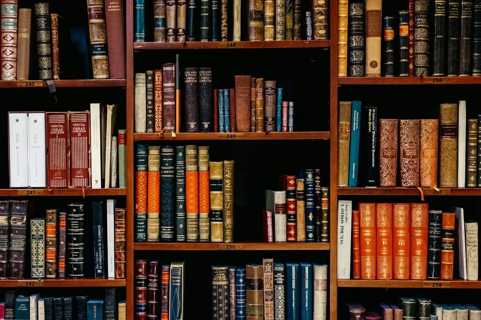 Estanterías de madera de una biblioteca llenas de libros antiguos